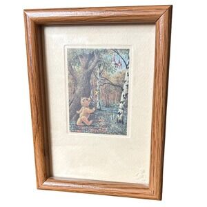 Vintage Joyce Hayashi Framed Teddy Bear Chasing Butterfly Print Framed Art 7.5"